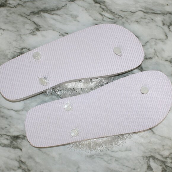 HAND CRAFTED Bride Flip Flops Padded Thong Crochet Faux Fur Eyelash White Shoes - Picture 3 of 10